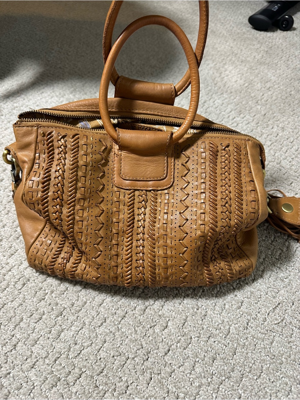 HOBO Cognac Leather Woven Satchel Detachable Braided Strap Boho Handbag